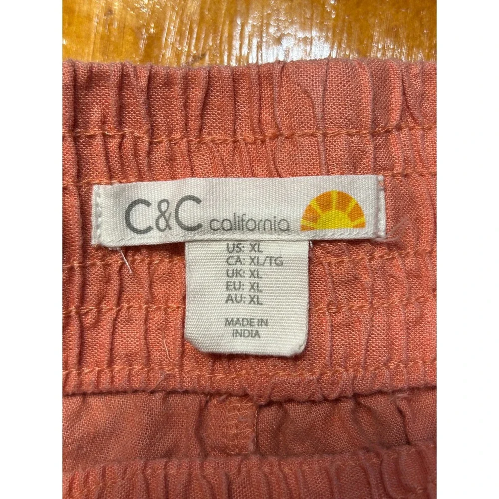 C&C California Boho Chic Coral Pink Linen Blend Drawstring Wide Leg Crop Pants